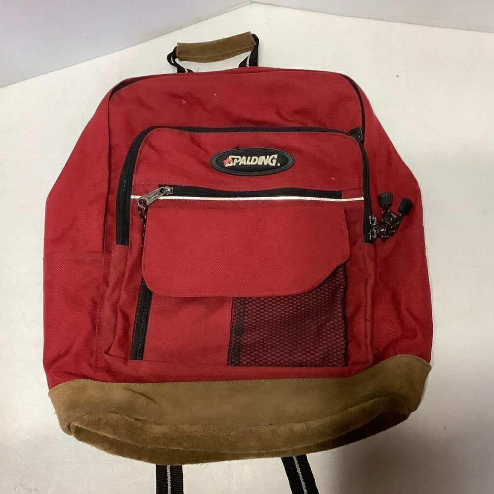 Vintage Spalding Leather Bottom Backpack Red 16" x 13"